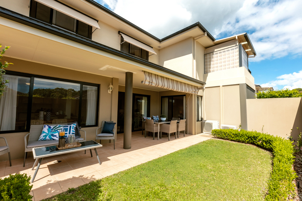 View of lush private garden at a Halliday Shores Villa